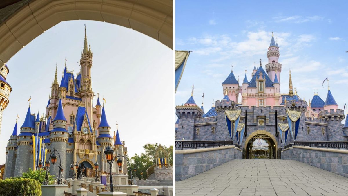 A split photo showing castles from both Disney World and Disneyland